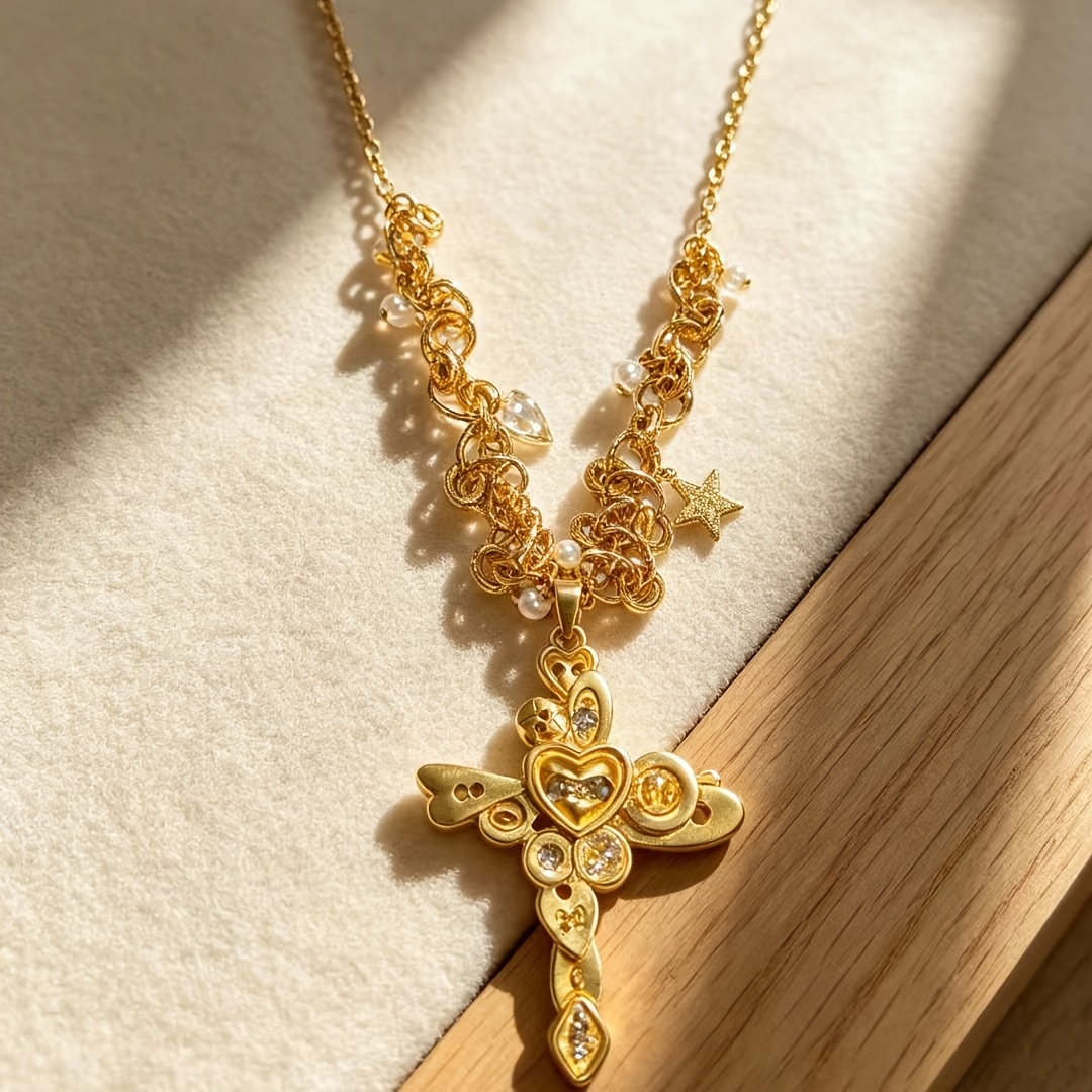 Love-themed Interlocking Brushed Golden Button Stack Necklace